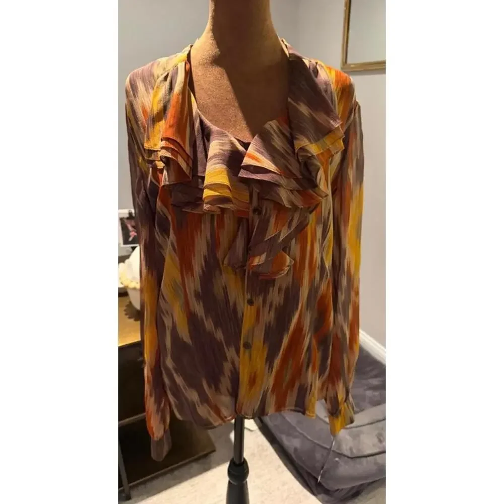NWT 100% Silk Lafayette 148 Women's Ruffled Button-Up Blouse southwestern fall 6 - Picture 2 of 7